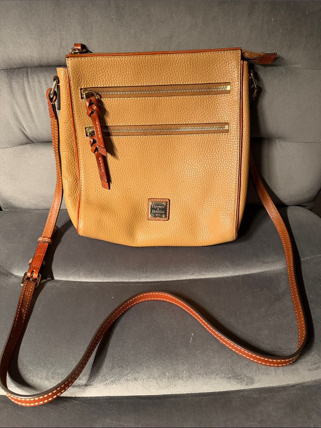 Dooney & Bourke Saddle Brown North South Triple Zip Pebble Leather Crossbody